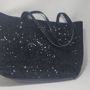 New Sparkly Black Sequined Nine West Tote with Fuschia Pink Interior + Cosmetic